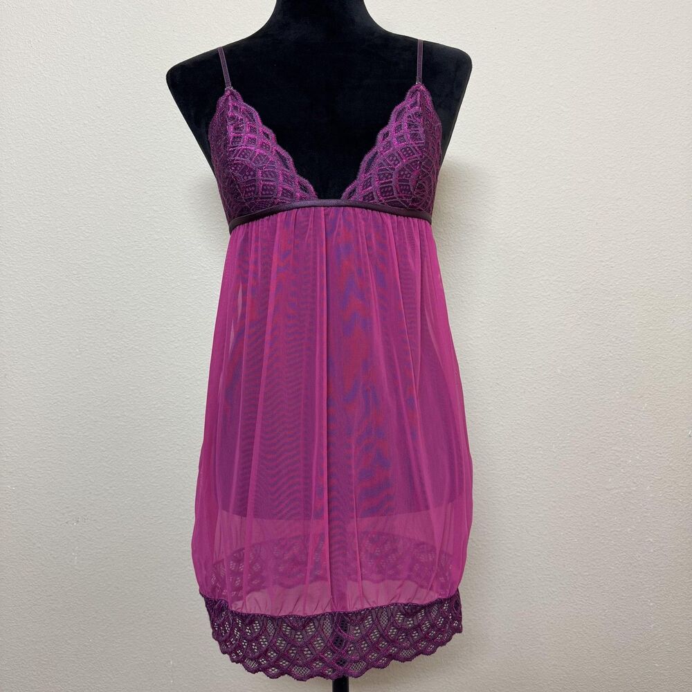 Victorias Secret Babydoll Lingerie Womens Small Pink Purple Lace Mesh Sexy Flirt